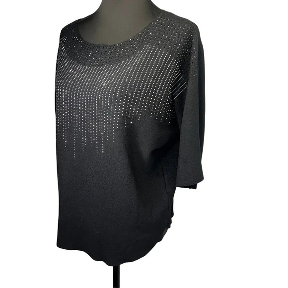 Luna, ribbed short sleeve silver black rhinestone embedded vent stretchy top XL - Picture 2 of 8